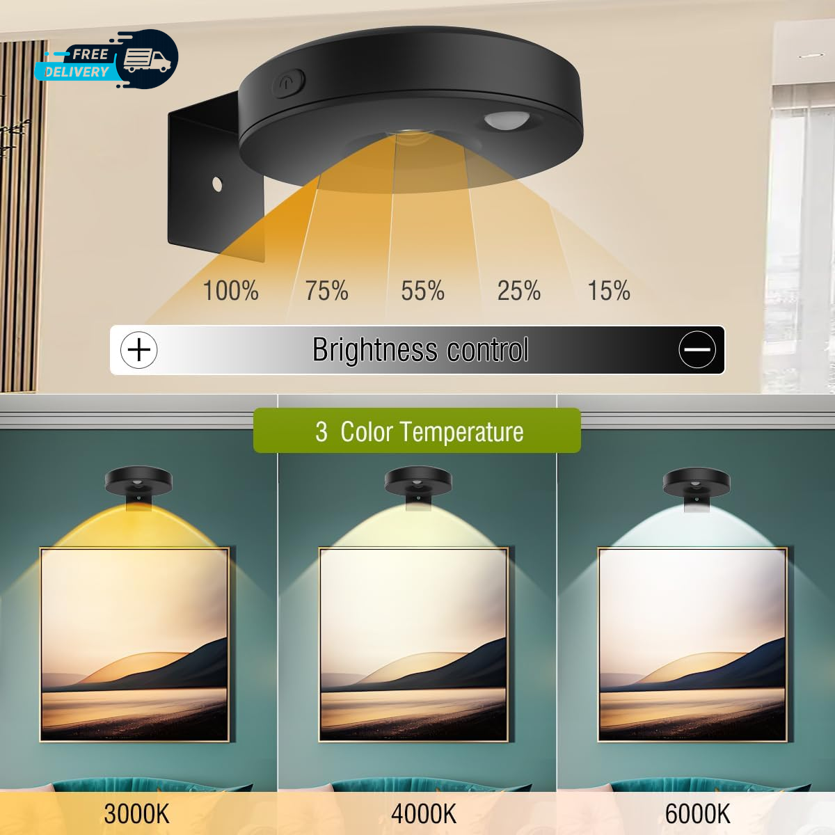 3Pack LED Picture Lights for Wall Rechargeable Battery Picture Frame Light