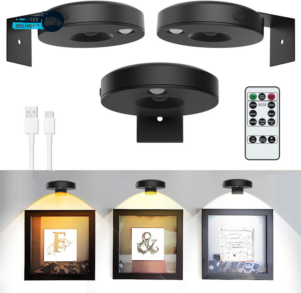 3Pack LED Picture Lights for Wall Rechargeable Battery Picture Frame Light